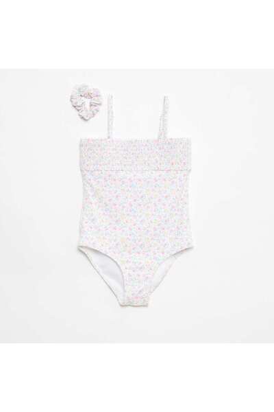 KIABI Smocked Swimsuit with Scrunchie WHITE