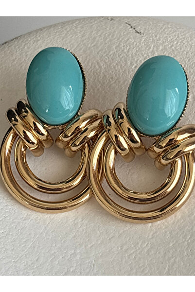 BHR AKSESUAR Gold Color Turquoise Earrings (3.2 cm)
