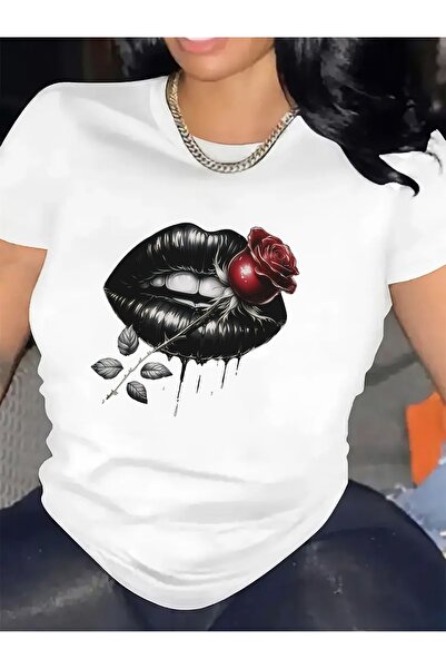 212Wear تي شيرت بأكمام قصيرة بتصميم شفاه وردية، مثالي كزي للمطاعم. متين ومريح...
