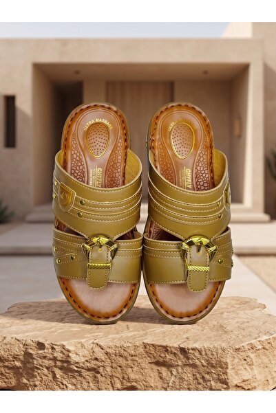 Chyfly Men Arabic Traditional Sandals Naal Gold Buckle PU Leather Ultra Massa...