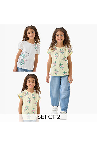 Juniors Pack of 2 Round Neck Short Sleeves T-shirt with Floral Print