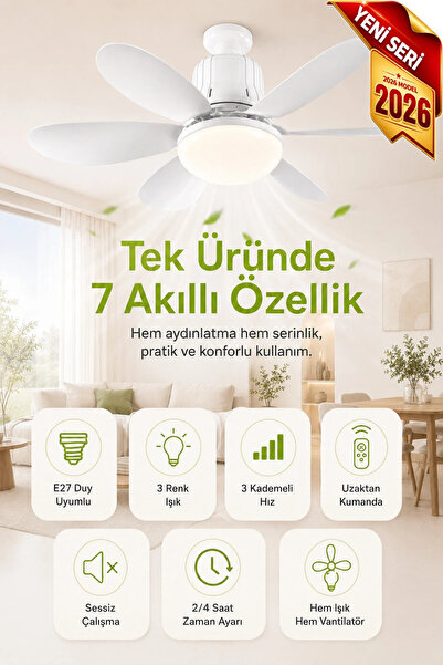 GMSL Tavan Vantilatörü Led Işık 3 Kademe Hız Modu Sessiz 52 Cm Çap 6 Kanat Ku...