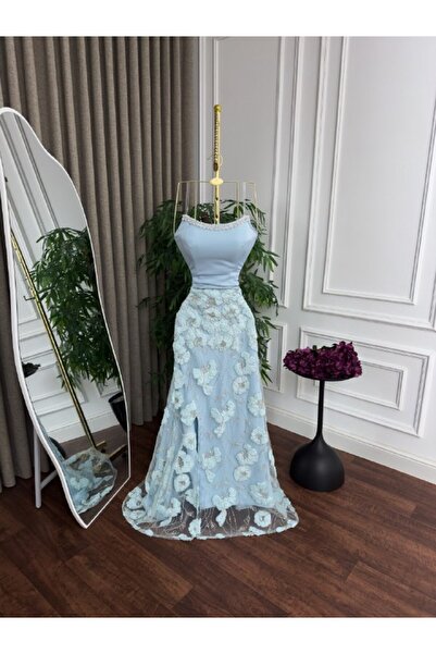 ranin Sky Blue Barbie Evening Dress Embroidered with Beads