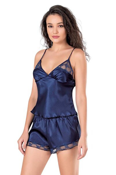 ROZENİN LINGERIE Satin Lace Detailed Strappy Shorts Pajama Nightgown Set