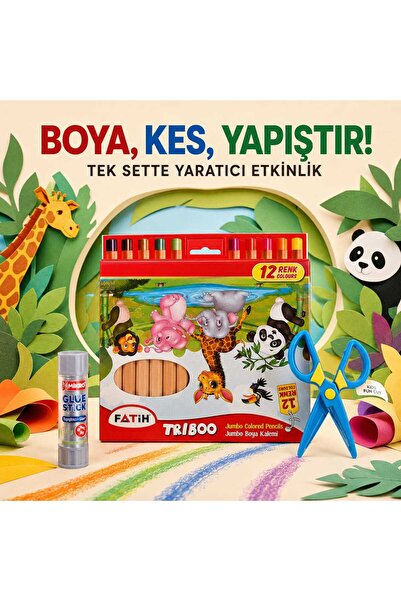 Fatih OKUL ÖNCESİ, ANAOKULU Triboo 12 Renk Jumbo Kuru Boya, Mikro Stick Yapış...