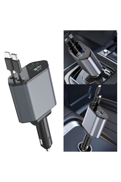 OEM Încărcător auto 4-în-1 cu afișaj de tensiune, cabluri retractabile Type-C...