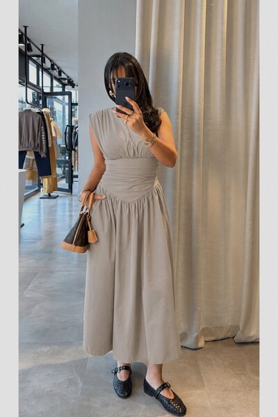 My Blog Beige Draped Midi Poplin Dress with Waist Detail - 2Y4100