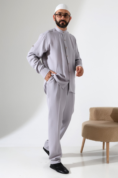 ihvan online Men's Muslin Hakim Collar Shirt and Trousers Two-Piece Set