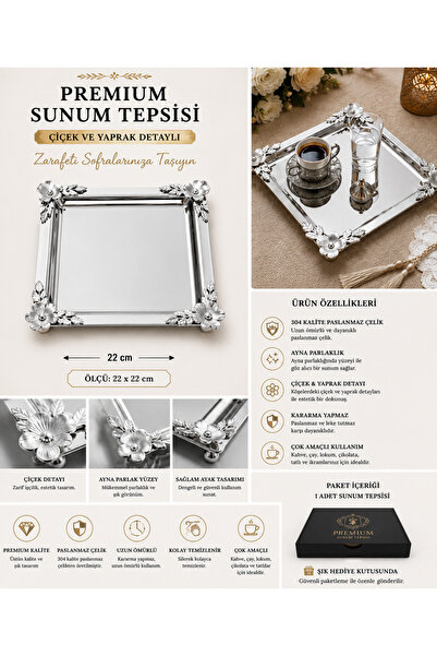 Turkco Silver Flower Detailed Square Presentation Tray 22X22 cm Engagement Co...