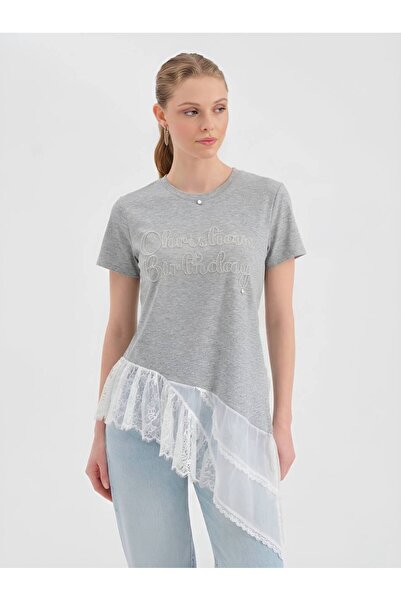 tw3 Tricou de damă cu broderie cu mărgele în față și design cu dantelă la tiv...