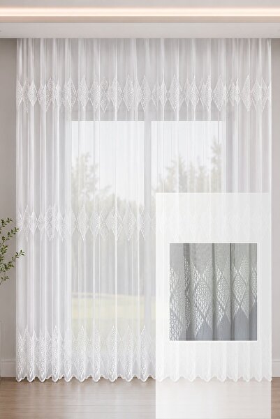 perlife Luxury Ecru Tulle Curtain 3 Rows of Brode Diamond Patterned Pearlesce...