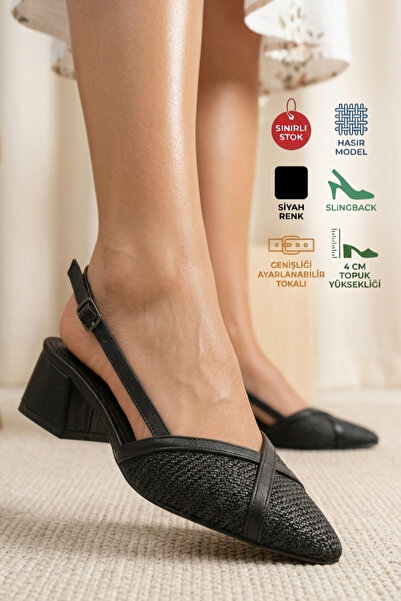 Registan Shoes KADIN HASIR DERİ DETAYLI SLINGBACK VE BANTLI KALIN TOPUKLU AYA...
