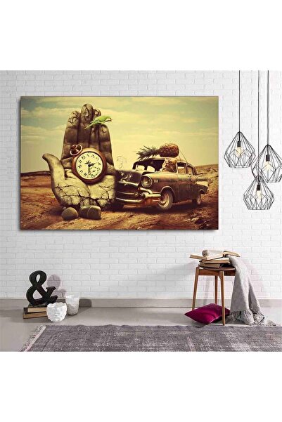 gurbaart Vintage Araba Ve Saat Dekoratif HD Baskı Kanvas Tablo Premium Kalite