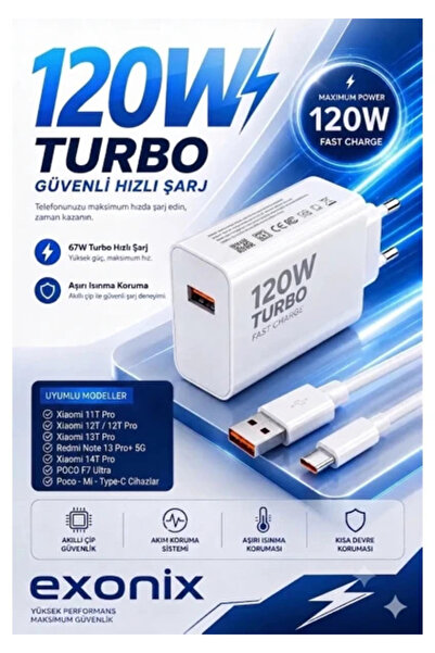 Exonix 120W (Watt) Turbo Hızlı Şarj Adaptör+Kablo(Set) Tüm Telefonlarla Uyuml...