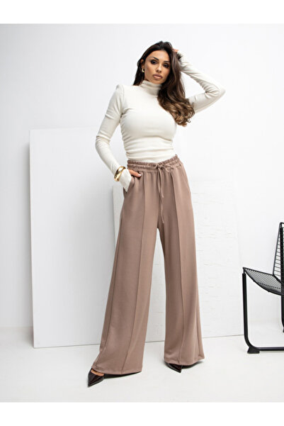 rue parıs Pantaloni Trening Dama Larga, Guler inalt, RUE PARIS, Bej inchis Ca...