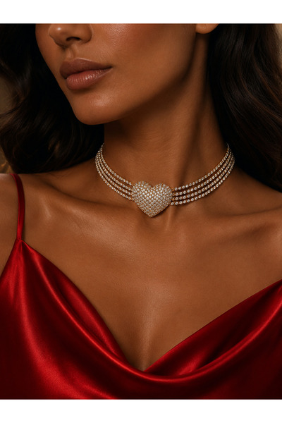 Valmont Gold Choker Necklace with Heart Figure and 4 Rows of Stones