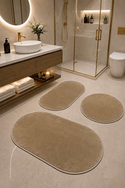 Lionhome Peluş Banyo Halısı 3'lü Set Renk Bej Kaymaz Taban yıkanabilir Saçaks...