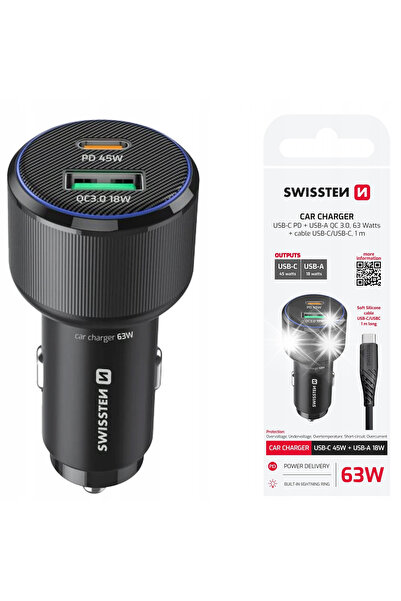 NO BRAND Încărcător auto 1x USB-C PD + 1x USB-A 63 W, cablu USB-C 1m
