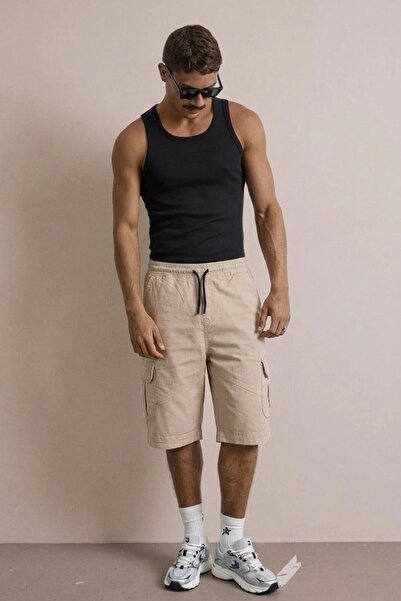 comstar Men's Stitched Detail Jogger Cargo Pocket Stone Capri Shorts