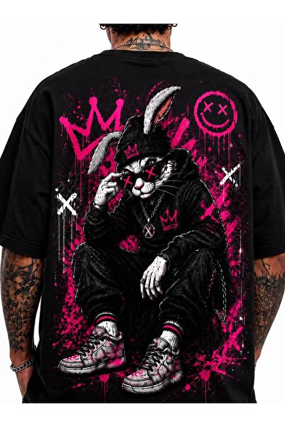 Erkek Siyah Oversize Sırt Baskılı Streetwear Tişört – Rabbit