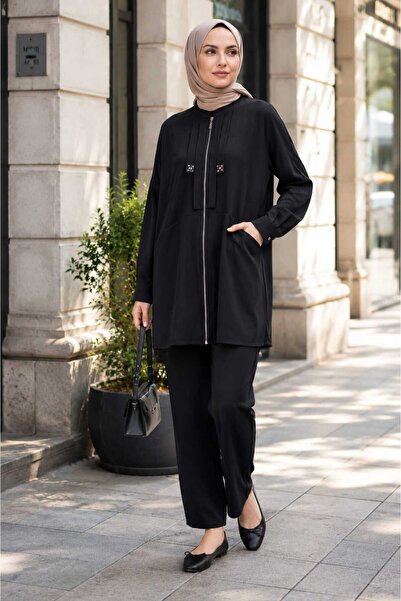 Puane Women's Zippered Double Pocket Two-Sleeve Stone Detailed Trouser Suit