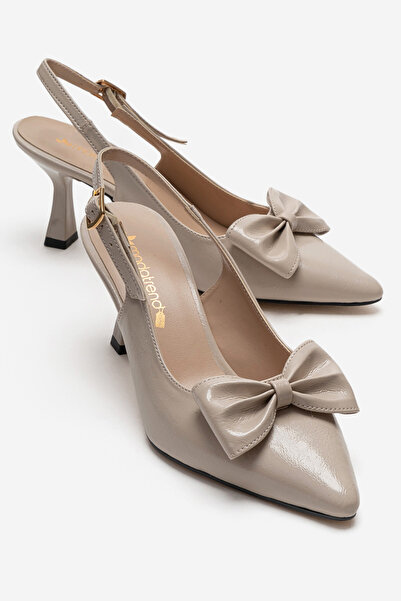 CCWAY AYAKKABI Women's Open-Back Bow Tie Heeled Shoes Beige Crinkled