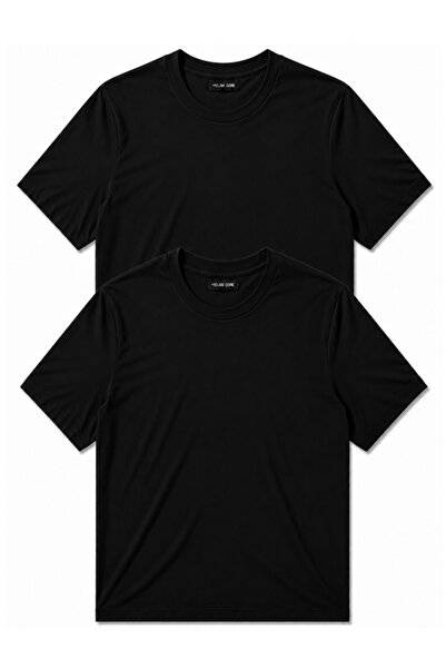 MİLANDORE 2'li Set Erkek Siyah-Siyah Pamuklu Slim Fit Bisiklet Yaka Basic Tişört