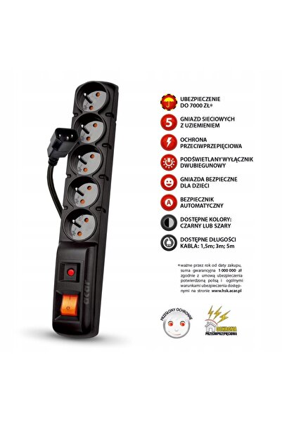 ACAR Prelungitor cu 5 prize F5 IEC, 5m, cu protecție la supratensiune, Negru