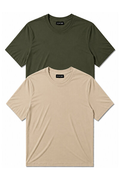 MİLANDORE Set of 2 Men's Beige-Khaki Cotton Slim Fit Crew Neck Basic T-Shirts