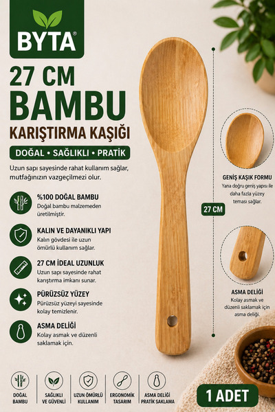 BYTA Büyük Boy Bambu Kaşık 27 cm Kalın Kaşık Yüksek Kaliteli