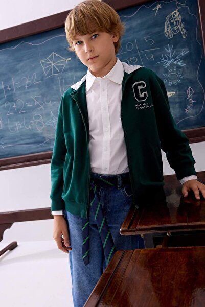 DeFacto Printed Hooded Zippered Green Cardigan for Boys H9851A826Au
