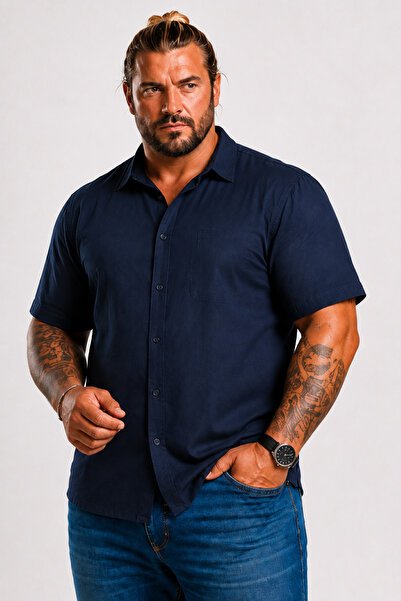 MocGrande Men's Large Size Short Sleeve Pocketless Linen Shirt 11310 Navy Blue