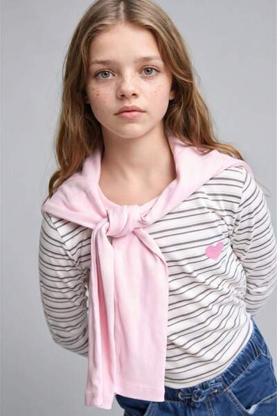 DeFacto Crew Neck Patterned Long Sleeve Ecru T-Shirt Girl Child I1449A826Au