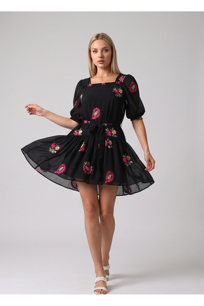 gökçesu Women's Square Neck Floral Embroidered Belted Lined Chiffon Mini Dress