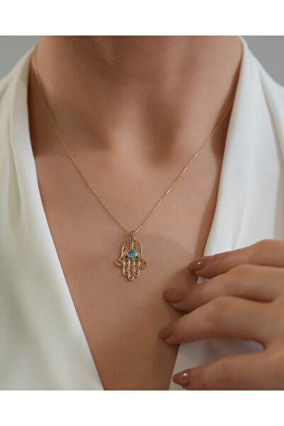 Debora Jewelry Mavi Zirkon Taşlı Fatma Ana Eli 14 Ayar Altın Kolye