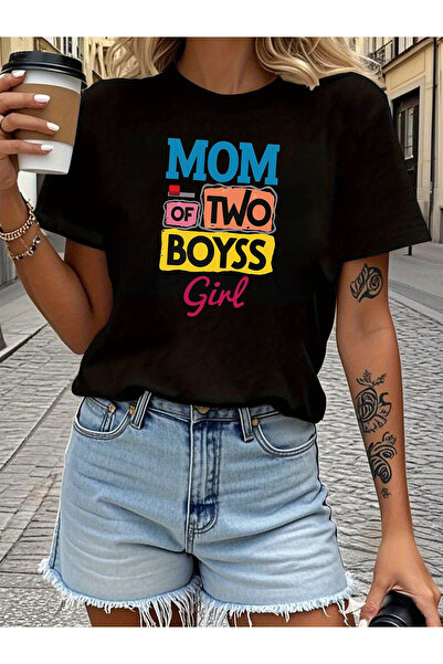 799 تي شيرت مطبوع عليه حروف MOM OF TWO BOYSS |   بلوزة كاجوال بأكمام قصيرة وي...