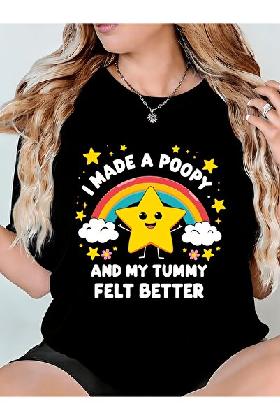 NOURAM تي شيرت نسائي بطبعة I Made A Poopy And My Tummy Felt Better، ذو رقبة د...