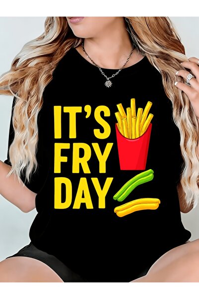 LİNA06 تي شيرت نسائي بتصميم مرح يحمل عبارة 'Fry Day' مع رسومات البطاطس المقلي...