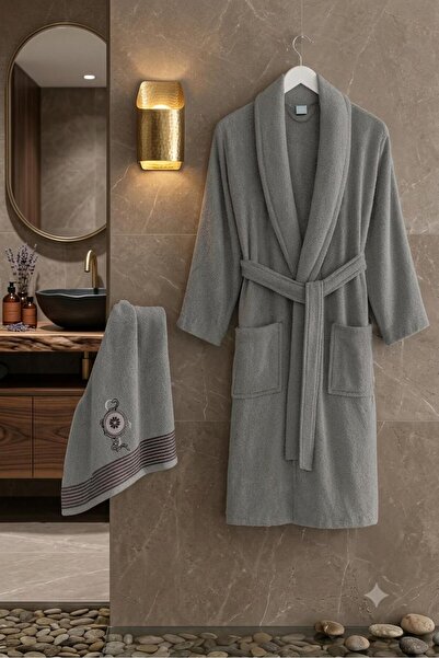 Linamhome %100 Pamuk Unisex Havlulu Bornoz 2 Parça Bornoz-Havlu Set / Çeyiz Seti