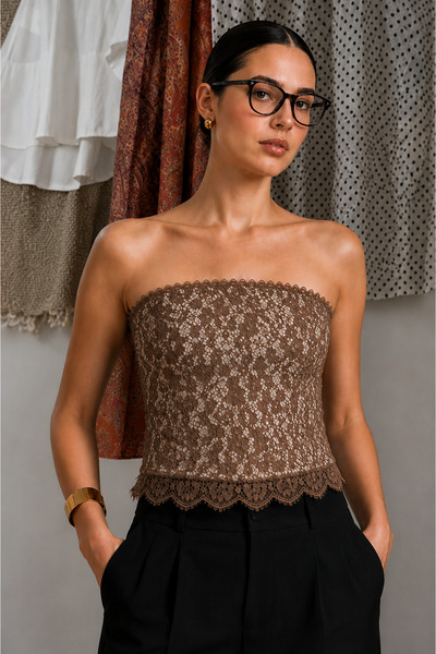 VERYMODA Bluză elegantă căptușită, maro, din dantelă, fără bretele, cu detali...
