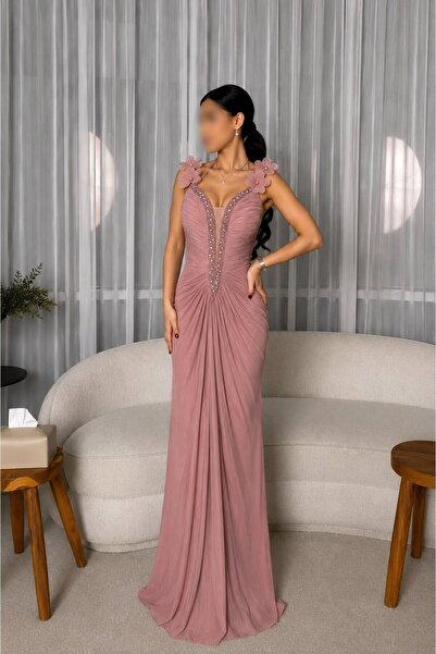 MILANORA Long Flesh-Colored Dress with a Flowing Cut