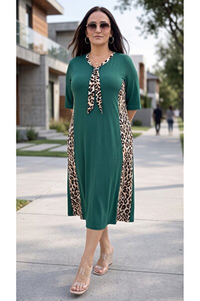 yagmurberen Leopard Printed Pocketed Full Lycra V-Neck Plus Size Cotton Viscose Summer Dress