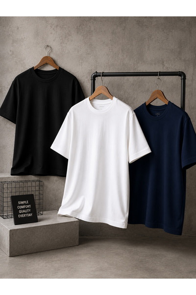 CAONNES 3 Color T-Shirt Set Summer Single Jersey Compact Oversize Basic Crew ...