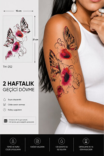 medink tattoo Gerçekci Kelebek ve Gül Geçici Dövme Tattoo