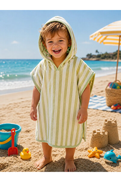 L' Atelier MiDuMi Yeşil Çizgili, Unisex, Çocuk, Havlu Panço / Kapüşonlu, Plaj...