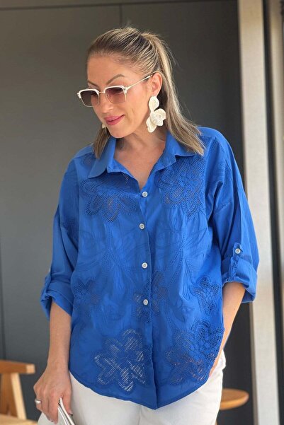 MİSLİNA BUTİK İthal Manolya Desen Gece Mavisi Gömlek