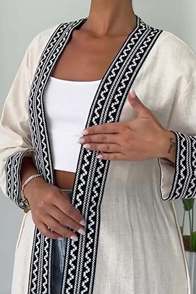 XXL BUTİK Ženski bež laneni kimono sa vezom i detaljima vezivanja ESR230