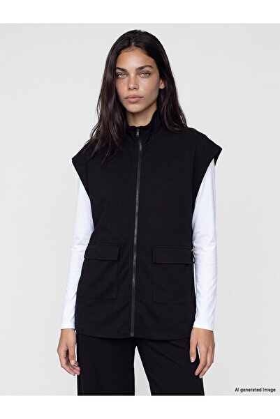 LC Waikiki Alita City Lcw Modest Black Interlock Plain Women's Vest with a Di...