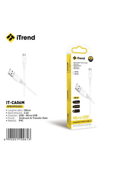 itrend Cablu USB-A la Micro USB iTrend, 1 m, Încărcare Rapidă 2.4A, PVC, Alb