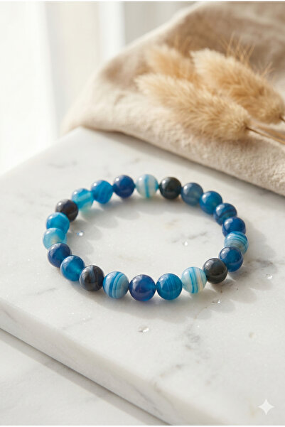 ZGNOVA Handmade Blue Agate Round Natural Stone Flexible Bracelet